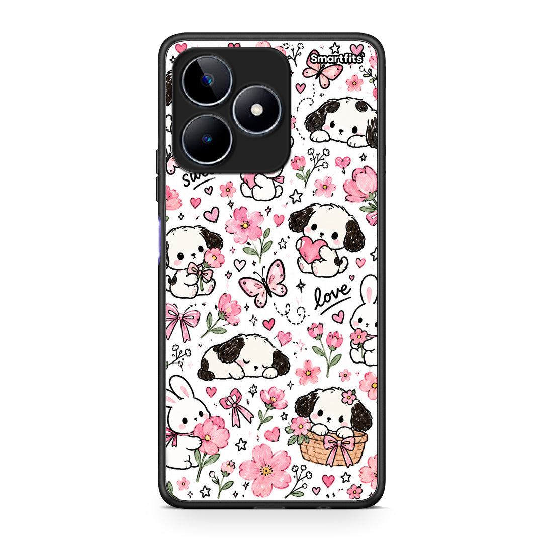 Θήκη Realme C53 Pink Florals Puppies and Bunnies on White από τη Smartfits με σχέδιο στο πίσω μέρος και μαύρο περίβλημα | Realme C53 Pink Florals Puppies and Bunnies on White case with colorful back and black bezels