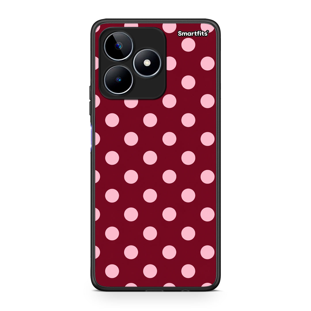 Θήκη Realme C53 Pink Polka Dots on Burgundy από τη Smartfits με σχέδιο στο πίσω μέρος και μαύρο περίβλημα | Realme C53 Pink Polka Dots on Burgundy case with colorful back and black bezels