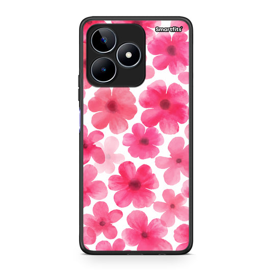 Θήκη Realme C53 Pink Watercolour Flowers on White από τη Smartfits με σχέδιο στο πίσω μέρος και μαύρο περίβλημα | Realme C53 Pink Watercolour Flowers on White case with colorful back and black bezels