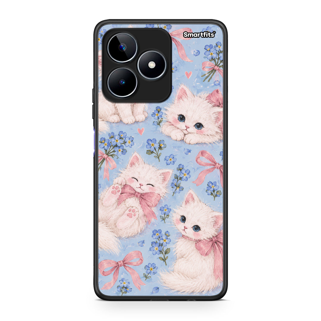 Θήκη Realme C53 White Kittens and Blue Flowers Large από τη Smartfits με σχέδιο στο πίσω μέρος και μαύρο περίβλημα | Realme C53 White Kittens and Blue Flowers Large case with colorful back and black bezels