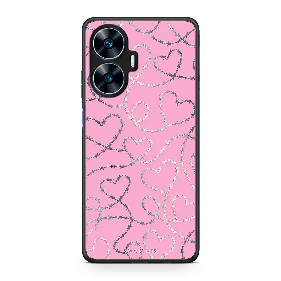 Θήκη Realme C55 Dual Barbed Wire Hearts on Pink από τη Smartfits με σχέδιο στο πίσω μέρος και μαύρο περίβλημα | Realme C55 Dual Barbed Wire Hearts on Pink case with colorful back and black bezels