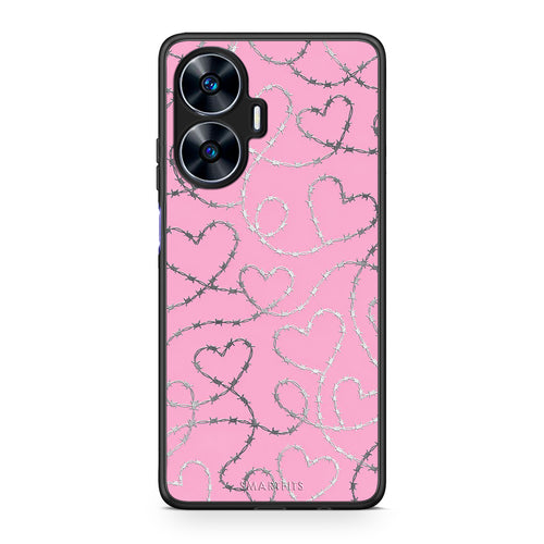 Θήκη Realme C55 Dual Barbed Wire Hearts on Pink από τη Smartfits με σχέδιο στο πίσω μέρος και μαύρο περίβλημα | Realme C55 Dual Barbed Wire Hearts on Pink case with colorful back and black bezels