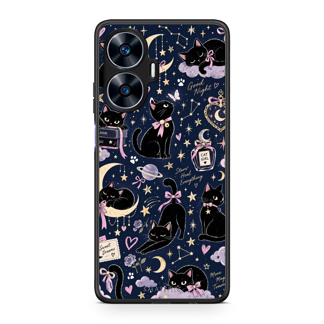 Θήκη Realme C55 Dual Celestial Black Cats on Navy από τη Smartfits με σχέδιο στο πίσω μέρος και μαύρο περίβλημα | Realme C55 Dual Celestial Black Cats on Navy case with colorful back and black bezels