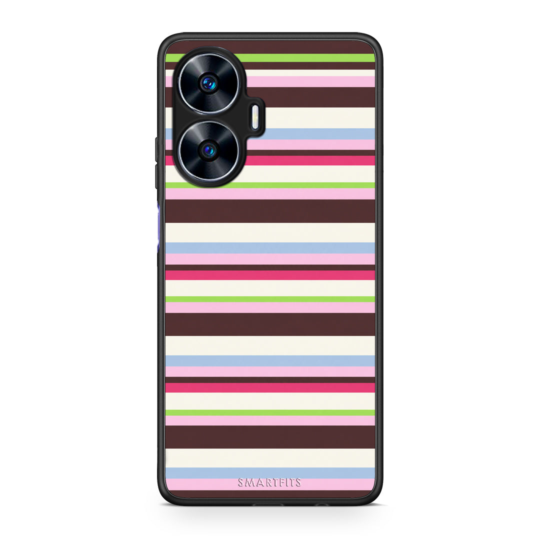 Θήκη Realme C55 Dual Multicolour Horizontal Stripes από τη Smartfits με σχέδιο στο πίσω μέρος και μαύρο περίβλημα | Realme C55 Dual Multicolour Horizontal Stripes case with colorful back and black bezels