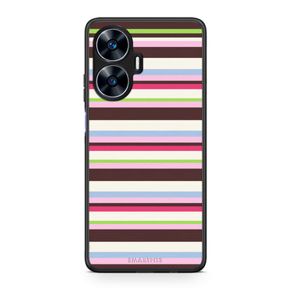 Θήκη Realme C55 Dual Multicolour Horizontal Stripes από τη Smartfits με σχέδιο στο πίσω μέρος και μαύρο περίβλημα | Realme C55 Dual Multicolour Horizontal Stripes case with colorful back and black bezels