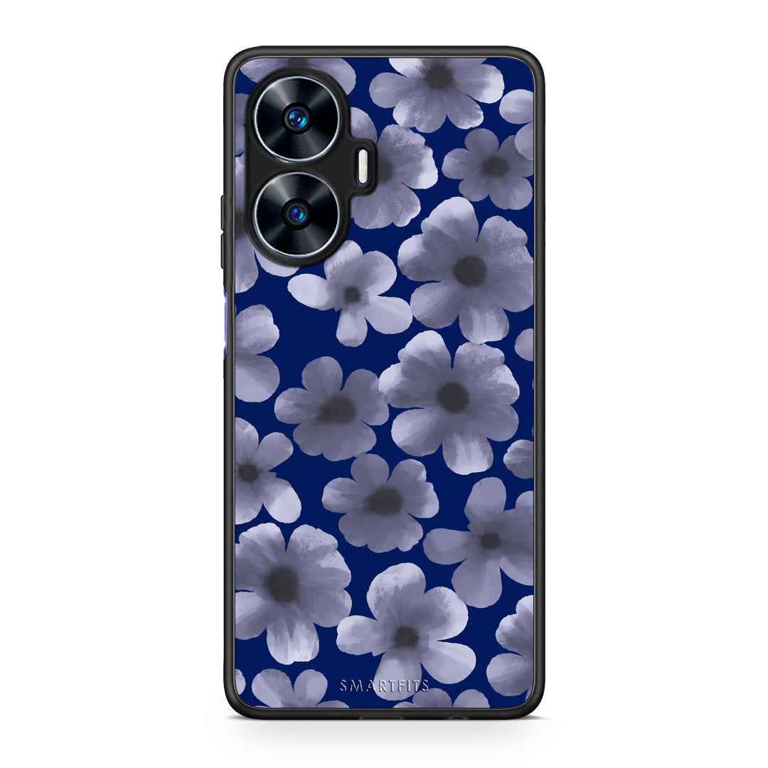 Θήκη Realme C55 Dual Pale Blue Flowers on Navy από τη Smartfits με σχέδιο στο πίσω μέρος και μαύρο περίβλημα | Realme C55 Dual Pale Blue Flowers on Navy case with colorful back and black bezels