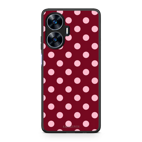 Θήκη Realme C55 Dual Pink Polka Dots on Burgundy από τη Smartfits με σχέδιο στο πίσω μέρος και μαύρο περίβλημα | Realme C55 Dual Pink Polka Dots on Burgundy case with colorful back and black bezels