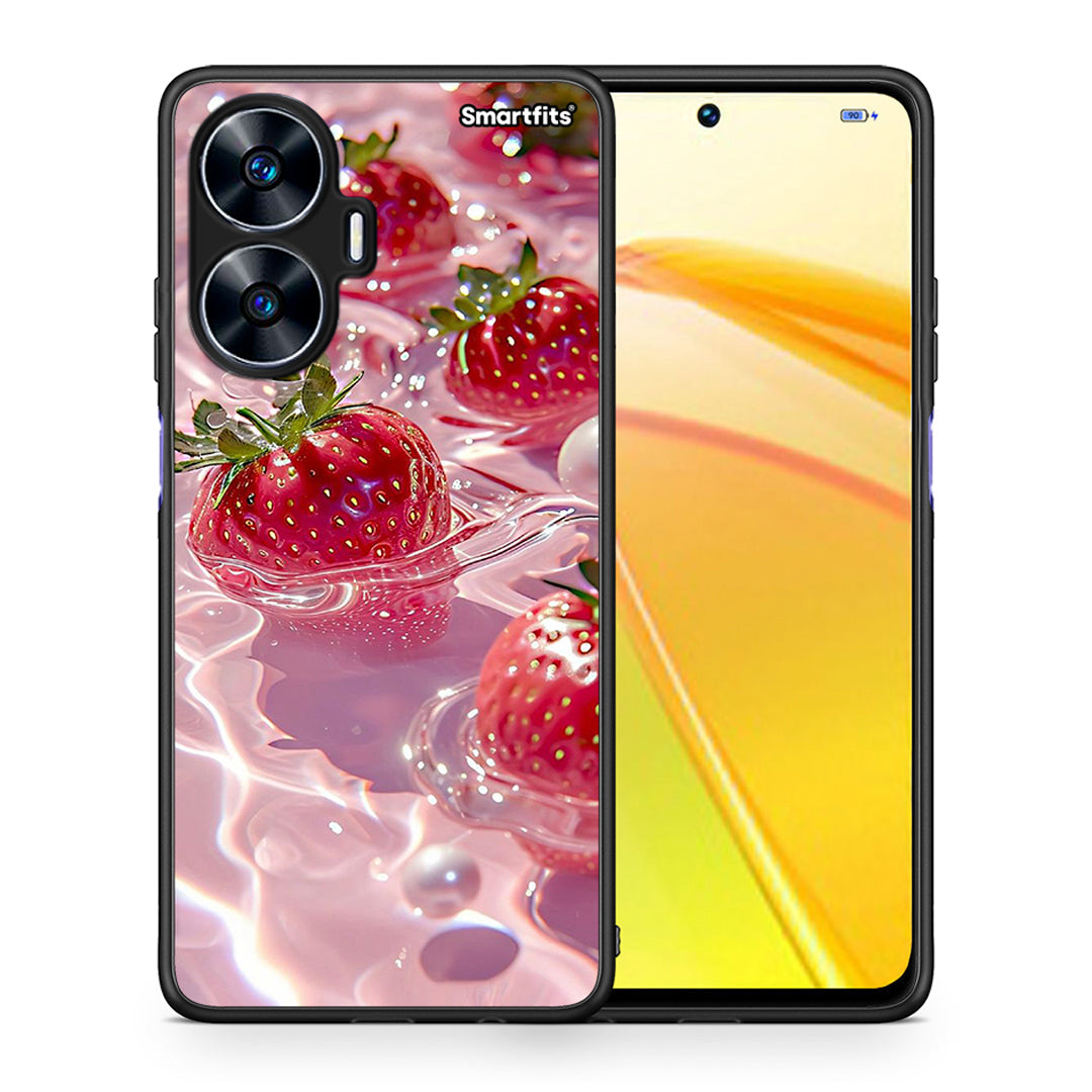 Θήκη Realme C55 Dual Juicy Strawberries από τη Smartfits με σχέδιο στο πίσω μέρος και μαύρο περίβλημα | Realme C55 Dual Juicy Strawberries Case with Colorful Back and Black Bezels