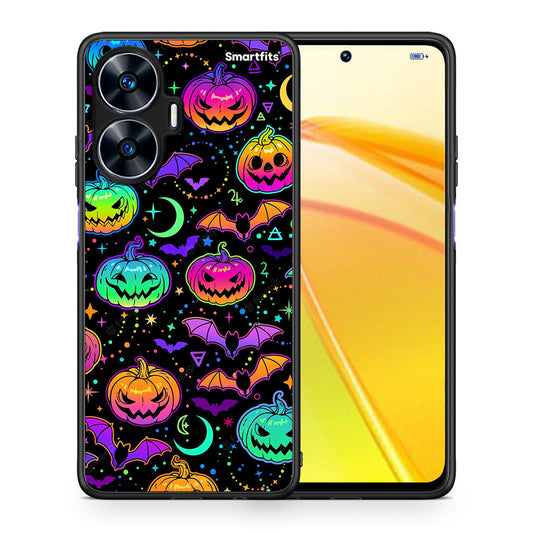 Θήκη Realme C55 Dual Neon Halloween από τη Smartfits με σχέδιο στο πίσω μέρος και μαύρο περίβλημα | Realme C55 Dual Neon Halloween Case with Colorful Back and Black Bezels
