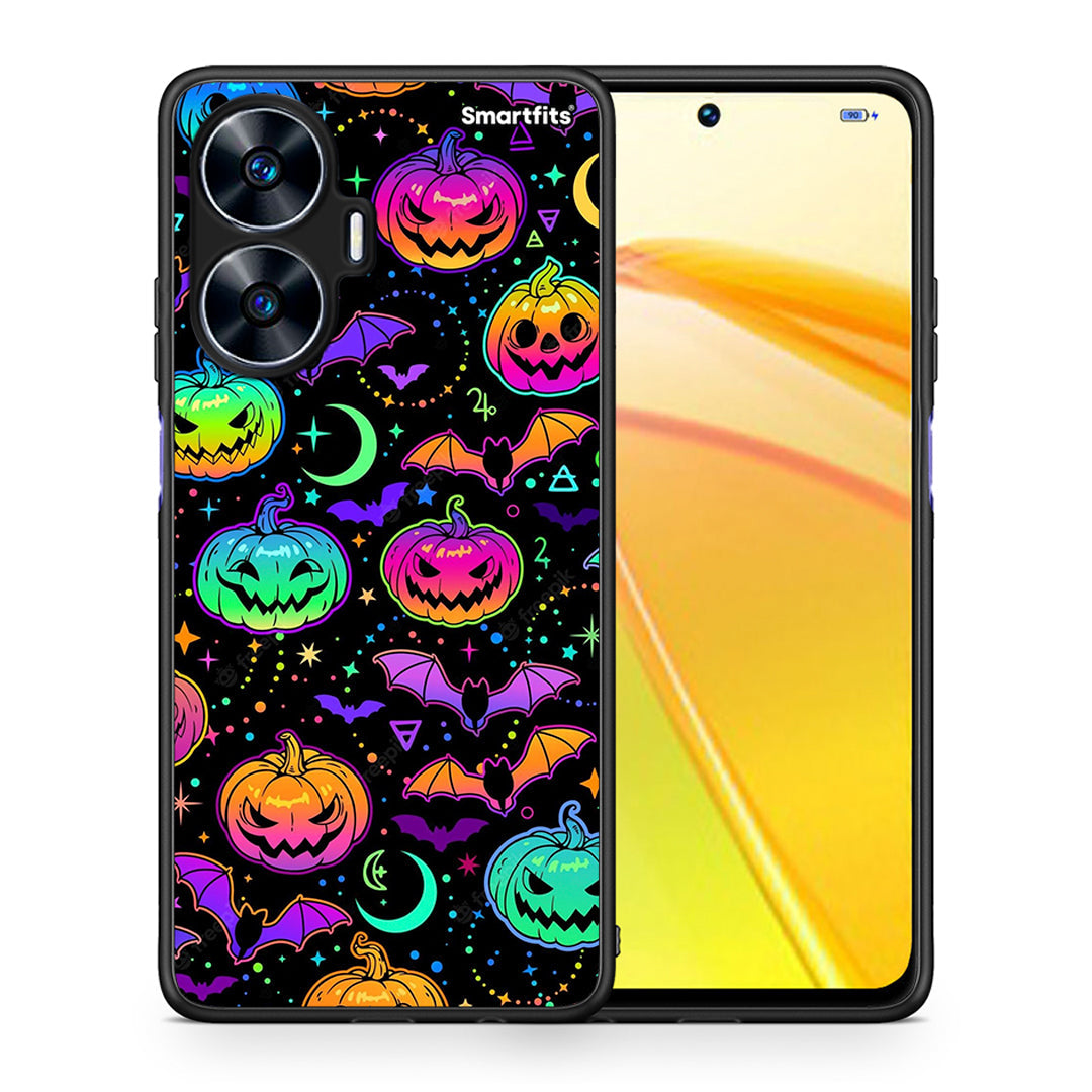 Θήκη Realme C55 Dual Neon Halloween από τη Smartfits με σχέδιο στο πίσω μέρος και μαύρο περίβλημα | Realme C55 Dual Neon Halloween Case with Colorful Back and Black Bezels