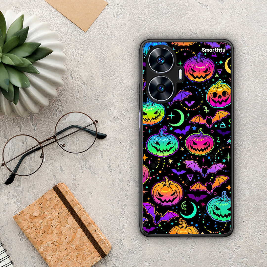 Θήκη Realme C55 Dual Neon Halloween από τη Smartfits με σχέδιο στο πίσω μέρος και μαύρο περίβλημα | Realme C55 Dual Neon Halloween Case with Colorful Back and Black Bezels