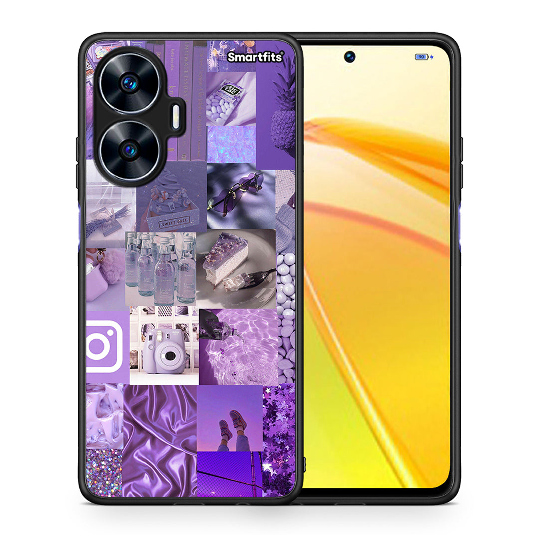 Θήκη Realme C55 Dual Purple Aesthetic Collage από τη Smartfits με σχέδιο στο πίσω μέρος και μαύρο περίβλημα | Realme C55 Dual Purple Aesthetic Collage Case with Colorful Back and Black Bezels