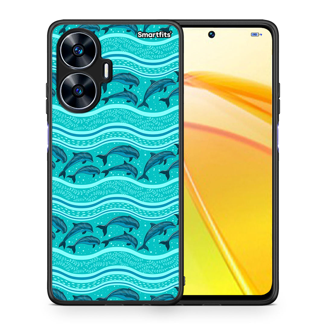 Θήκη Realme C55 Dual Swimming Dolphins από τη Smartfits με σχέδιο στο πίσω μέρος και μαύρο περίβλημα | Realme C55 Dual Swimming Dolphins Case with Colorful Back and Black Bezels