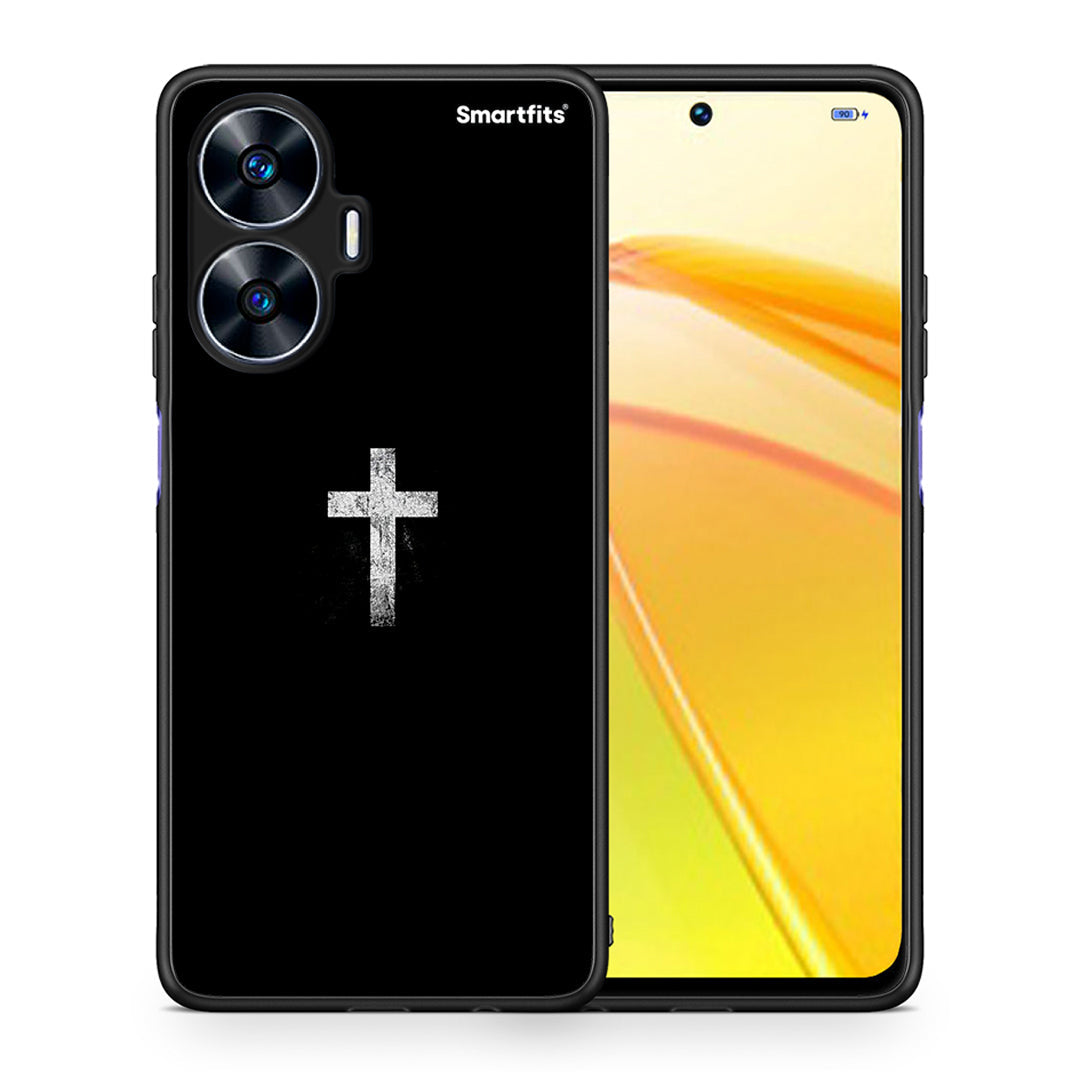 Θήκη Realme C55 Dual White Cross από τη Smartfits με σχέδιο στο πίσω μέρος και μαύρο περίβλημα | Realme C55 Dual White Cross Case with Colorful Back and Black Bezels