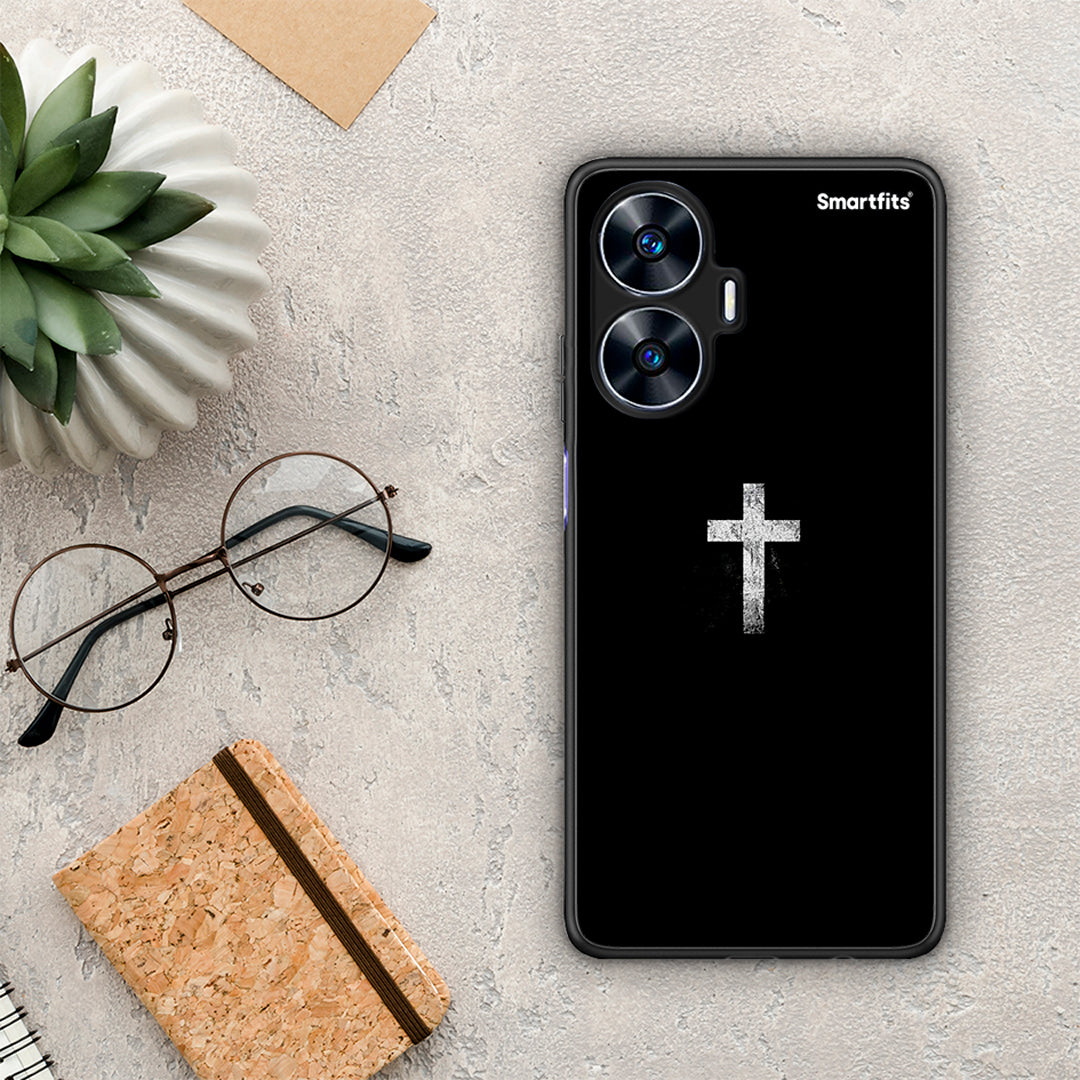 Θήκη Realme C55 Dual White Cross από τη Smartfits με σχέδιο στο πίσω μέρος και μαύρο περίβλημα | Realme C55 Dual White Cross Case with Colorful Back and Black Bezels