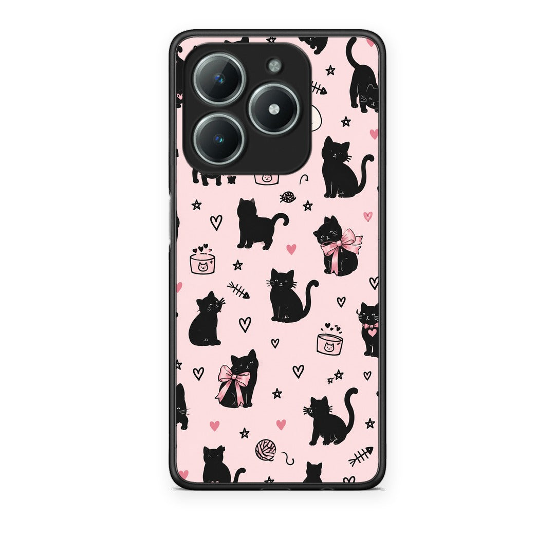 Θήκη Realme C63 4G Black Cat Doodles on Pink από τη Smartfits με σχέδιο στο πίσω μέρος και μαύρο περίβλημα | Realme C63 4G Black Cat Doodles on Pink case with colorful back and black bezels