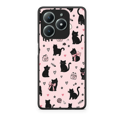 Θήκη Realme C63 4G Black Cat Doodles on Pink από τη Smartfits με σχέδιο στο πίσω μέρος και μαύρο περίβλημα | Realme C63 4G Black Cat Doodles on Pink case with colorful back and black bezels