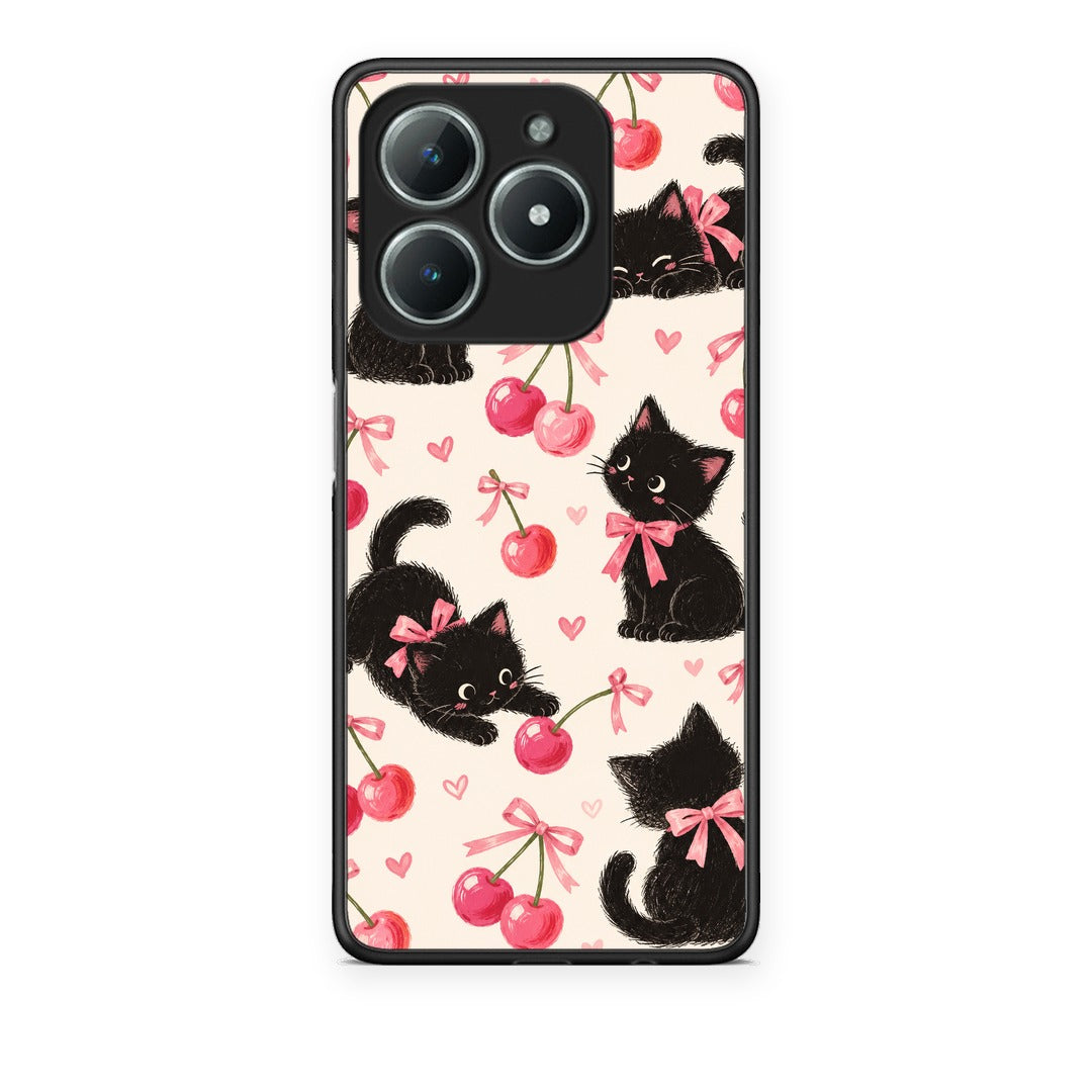 Θήκη Realme C61 Black Kittens and Cherries on Cream από τη Smartfits με σχέδιο στο πίσω μέρος και μαύρο περίβλημα | Realme C61 Black Kittens and Cherries on Cream case with colorful back and black bezels