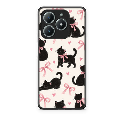 Θήκη Realme C63 4G Black Kittens and Pink Bows on Cream Large από τη Smartfits με σχέδιο στο πίσω μέρος και μαύρο περίβλημα | Realme C63 4G Black Kittens and Pink Bows on Cream Large case with colorful back and black bezels