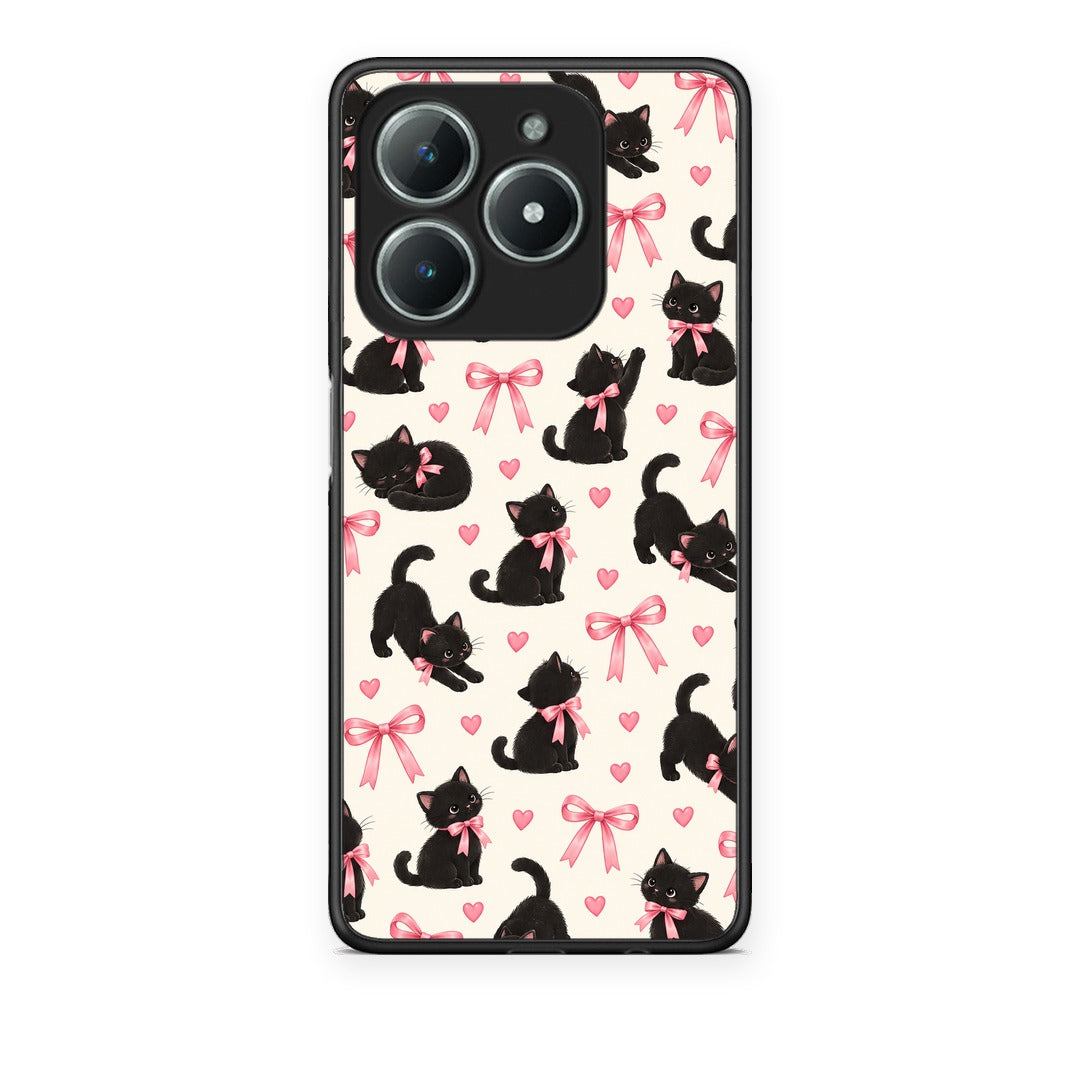 Θήκη Realme C61 Black Kittens and Pink Bows on Cream Small από τη Smartfits με σχέδιο στο πίσω μέρος και μαύρο περίβλημα | Realme C61 Black Kittens and Pink Bows on Cream Small case with colorful back and black bezels