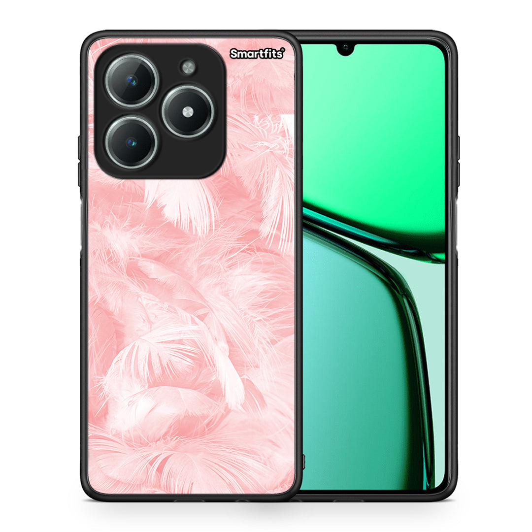 Θήκη Realme C63 4G Pink Feather Boho από τη Smartfits με σχέδιο στο πίσω μέρος και μαύρο περίβλημα | Realme C63 4G Pink Feather Boho case with colorful back and black bezels