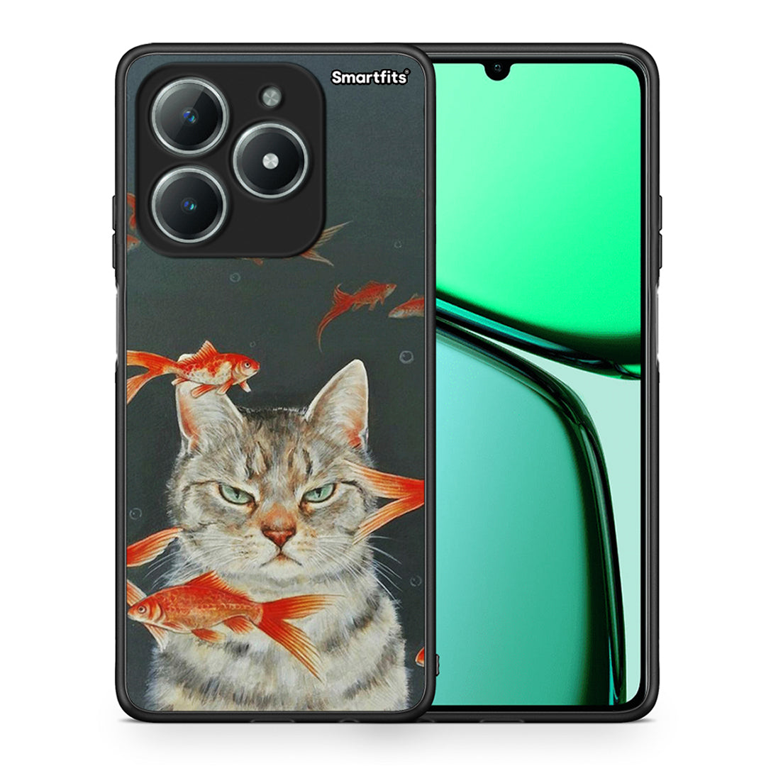 Θήκη Realme C63 4G Cat Goldfish από τη Smartfits με σχέδιο στο πίσω μέρος και μαύρο περίβλημα | Realme C63 4G Cat Goldfish case with colorful back and black bezels