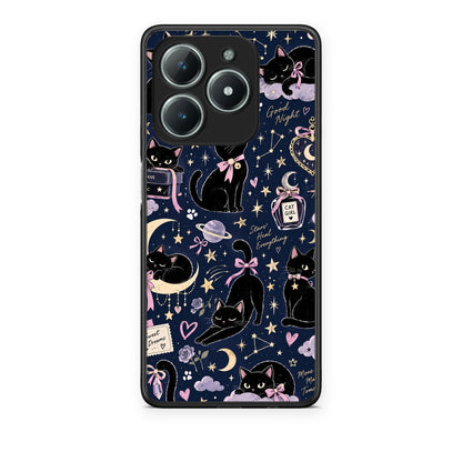 Θήκη Realme C63 4G Celestial Black Cats on Navy από τη Smartfits με σχέδιο στο πίσω μέρος και μαύρο περίβλημα | Realme C63 4G Celestial Black Cats on Navy case with colorful back and black bezels