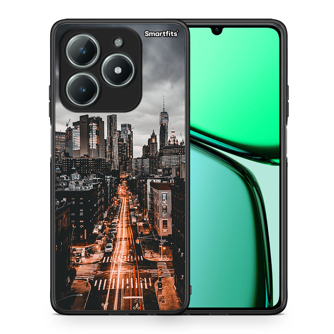 Θήκη Realme C61 City Lights από τη Smartfits με σχέδιο στο πίσω μέρος και μαύρο περίβλημα | Realme C61 City Lights case with colorful back and black bezels