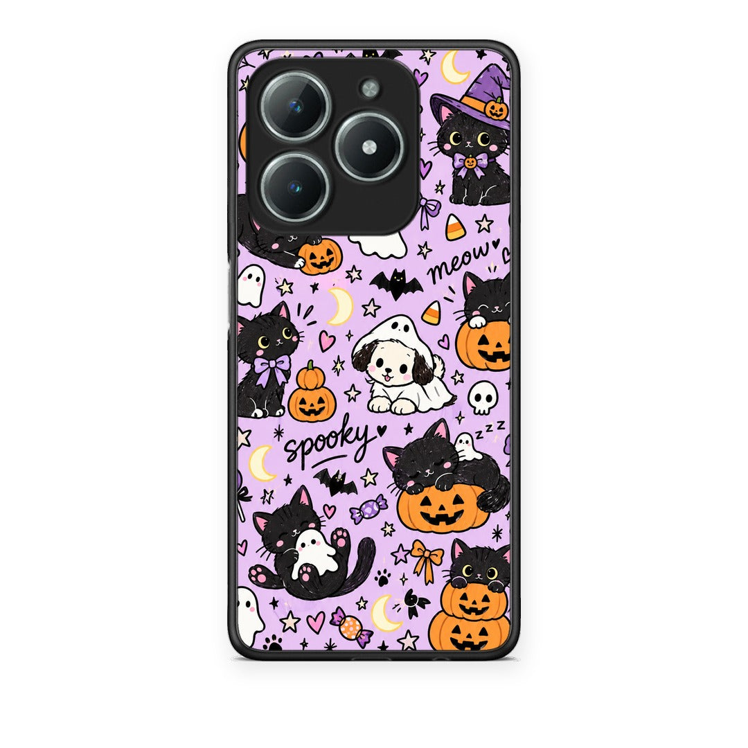 Θήκη Realme C63 4G Halloween Black Cats on Lilac από τη Smartfits με σχέδιο στο πίσω μέρος και μαύρο περίβλημα | Realme C63 4G Halloween Black Cats on Lilac case with colorful back and black bezels