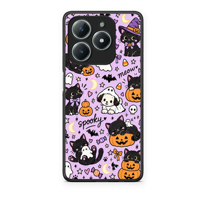Θήκη Realme C63 4G Halloween Black Cats on Lilac από τη Smartfits με σχέδιο στο πίσω μέρος και μαύρο περίβλημα | Realme C63 4G Halloween Black Cats on Lilac case with colorful back and black bezels
