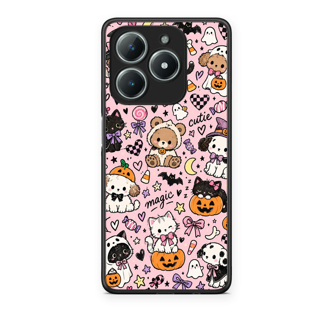 Θήκη Realme C63 4G Halloween Cute Animals on Pink από τη Smartfits με σχέδιο στο πίσω μέρος και μαύρο περίβλημα | Realme C63 4G Halloween Cute Animals on Pink case with colorful back and black bezels