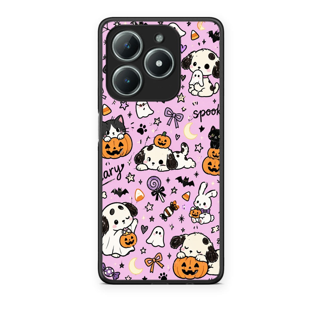 Θήκη Realme C61 Halloween Puppies and Friends on Lilac από τη Smartfits με σχέδιο στο πίσω μέρος και μαύρο περίβλημα | Realme C61 Halloween Puppies and Friends on Lilac case with colorful back and black bezels