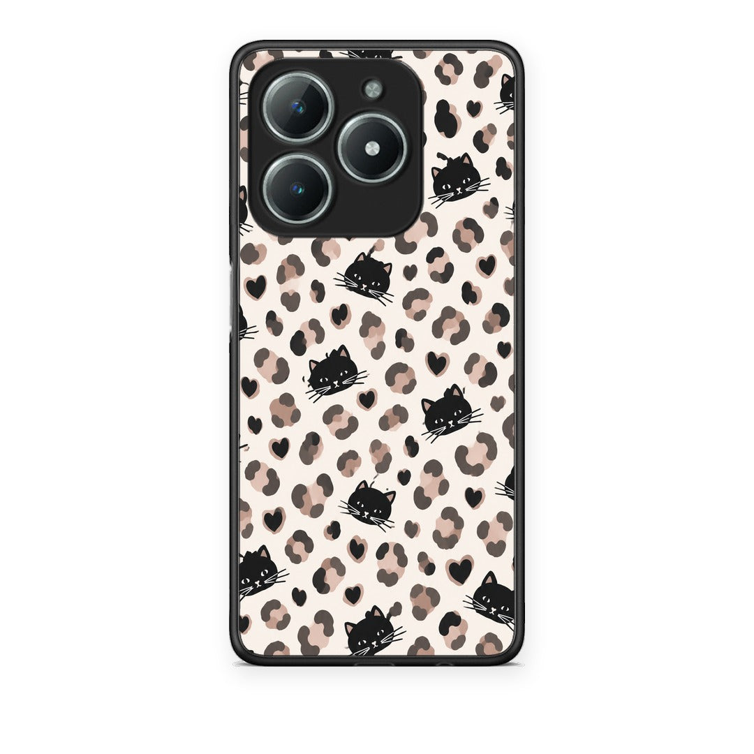 Θήκη Realme C63 4G Leopard Spots and Black Cats on Cream από τη Smartfits με σχέδιο στο πίσω μέρος και μαύρο περίβλημα | Realme C63 4G Leopard Spots and Black Cats on Cream case with colorful back and black bezels