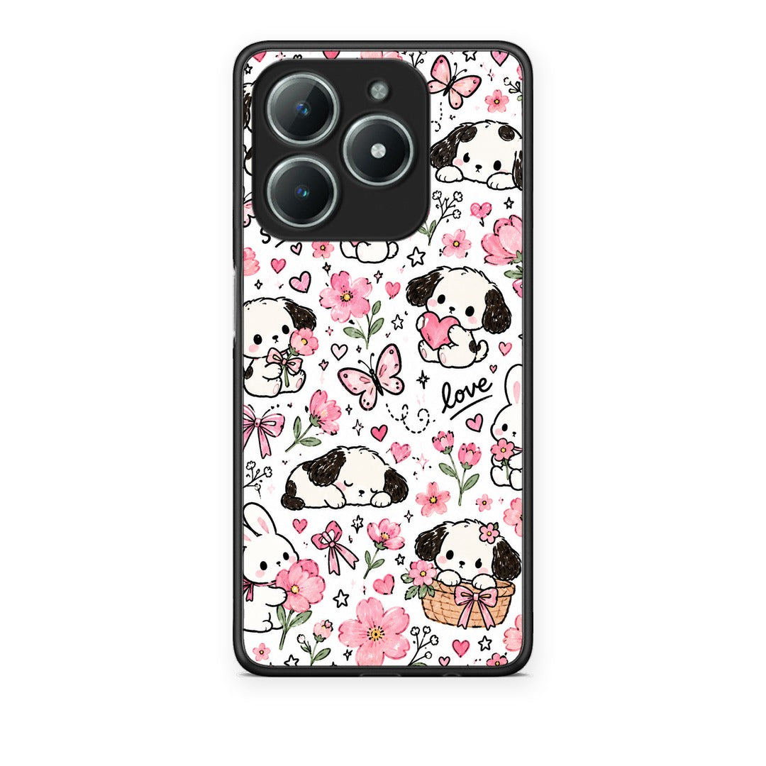 Θήκη Realme C63 4G Pink Florals Puppies and Bunnies on White από τη Smartfits με σχέδιο στο πίσω μέρος και μαύρο περίβλημα | Realme C63 4G Pink Florals Puppies and Bunnies on White case with colorful back and black bezels