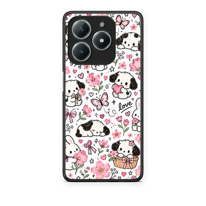 Θήκη Realme C63 4G Pink Florals Puppies and Bunnies on White από τη Smartfits με σχέδιο στο πίσω μέρος και μαύρο περίβλημα | Realme C63 4G Pink Florals Puppies and Bunnies on White case with colorful back and black bezels