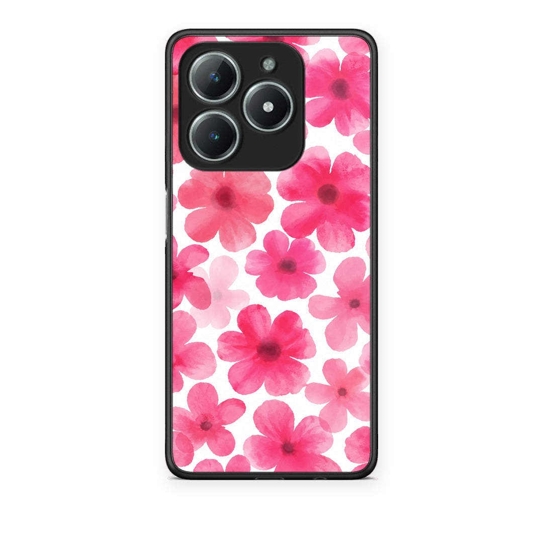 Θήκη Realme C63 4G Pink Watercolour Flowers on White από τη Smartfits με σχέδιο στο πίσω μέρος και μαύρο περίβλημα | Realme C63 4G Pink Watercolour Flowers on White case with colorful back and black bezels