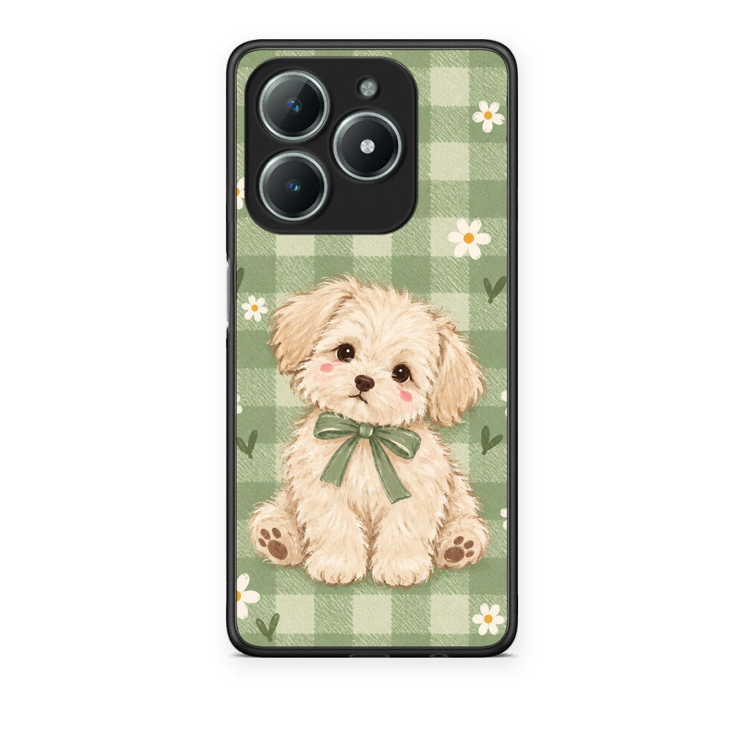 Θήκη Realme C63 4G Puppy and Daisies on Sage Gingham από τη Smartfits με σχέδιο στο πίσω μέρος και μαύρο περίβλημα | Realme C63 4G Puppy and Daisies on Sage Gingham case with colorful back and black bezels
