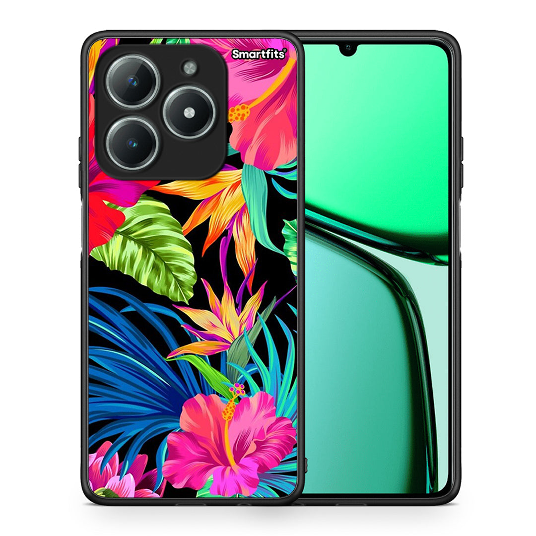 Θήκη Realme C61 Tropical Flowers από τη Smartfits με σχέδιο στο πίσω μέρος και μαύρο περίβλημα | Realme C61 Tropical Flowers case with colorful back and black bezels