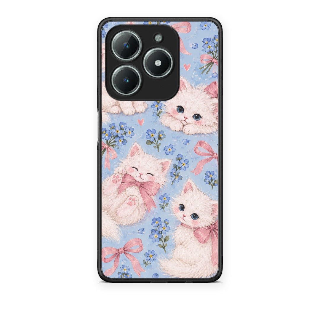 Θήκη Realme C63 4G White Kittens and Blue Flowers Large από τη Smartfits με σχέδιο στο πίσω μέρος και μαύρο περίβλημα | Realme C63 4G White Kittens and Blue Flowers Large case with colorful back and black bezels