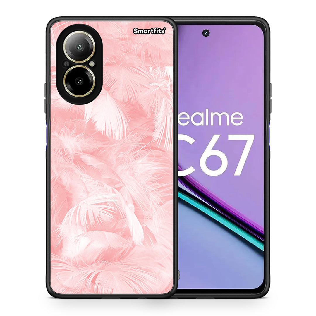 Θήκη Realme C67 4G Pink Feather Boho από τη Smartfits με σχέδιο στο πίσω μέρος και μαύρο περίβλημα | Realme C67 4G Pink Feather Boho case with colorful back and black bezels