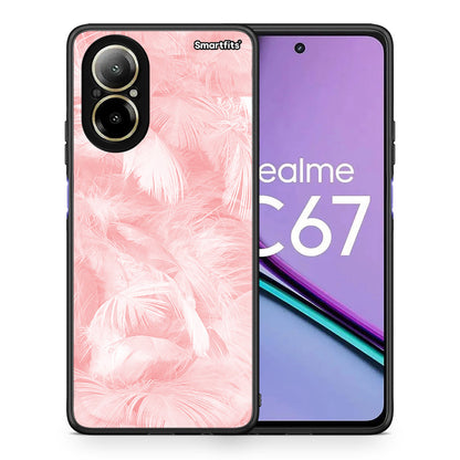Θήκη Realme C67 4G Pink Feather Boho από τη Smartfits με σχέδιο στο πίσω μέρος και μαύρο περίβλημα | Realme C67 4G Pink Feather Boho case with colorful back and black bezels