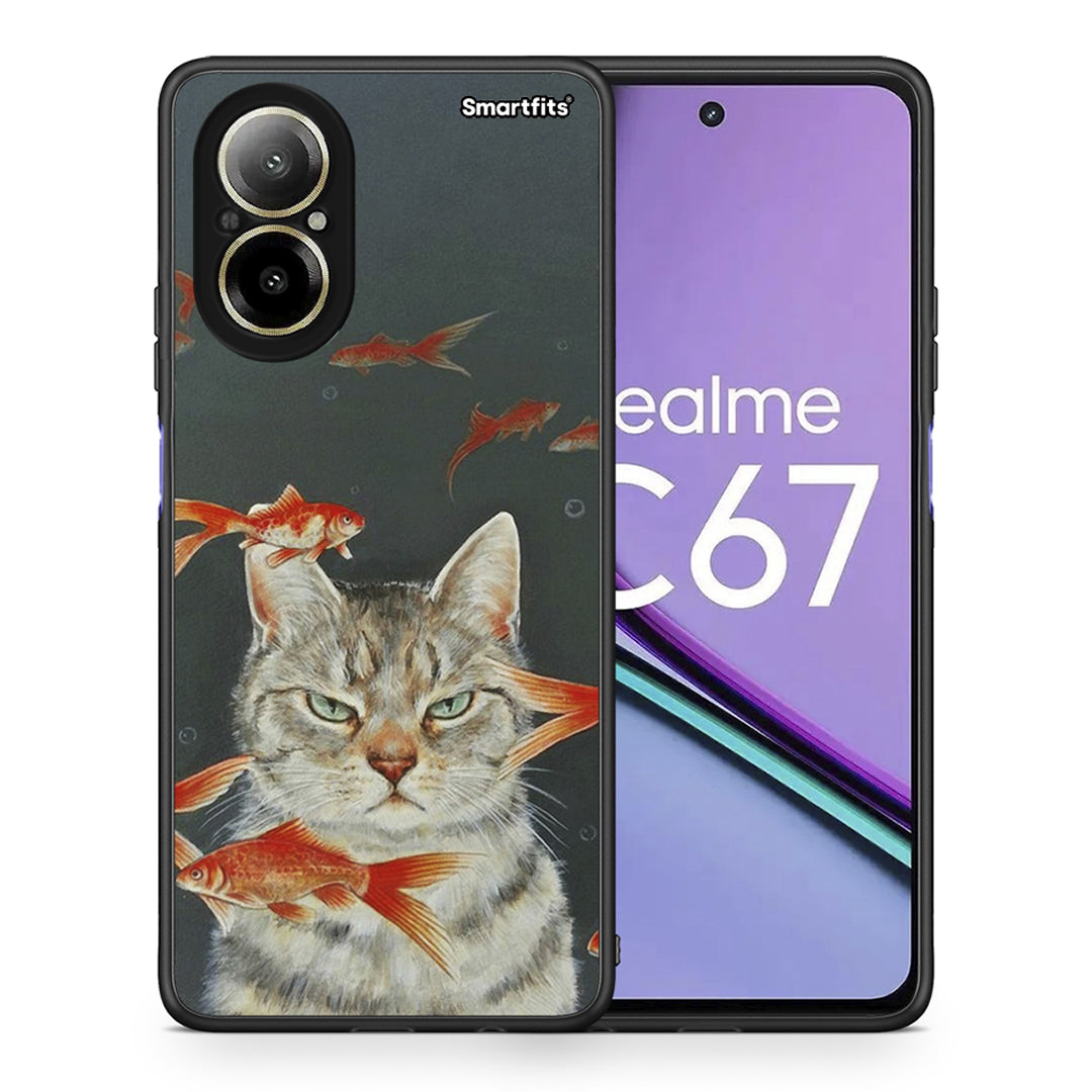 Θήκη Realme C67 4G Cat Goldfish από τη Smartfits με σχέδιο στο πίσω μέρος και μαύρο περίβλημα | Realme C67 4G Cat Goldfish case with colorful back and black bezels