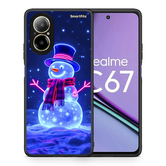 Θήκη Realme C67 4G Christmas Neon Snowman από τη Smartfits με σχέδιο στο πίσω μέρος και μαύρο περίβλημα | Realme C67 4G Christmas Neon Snowman case with colorful back and black bezels