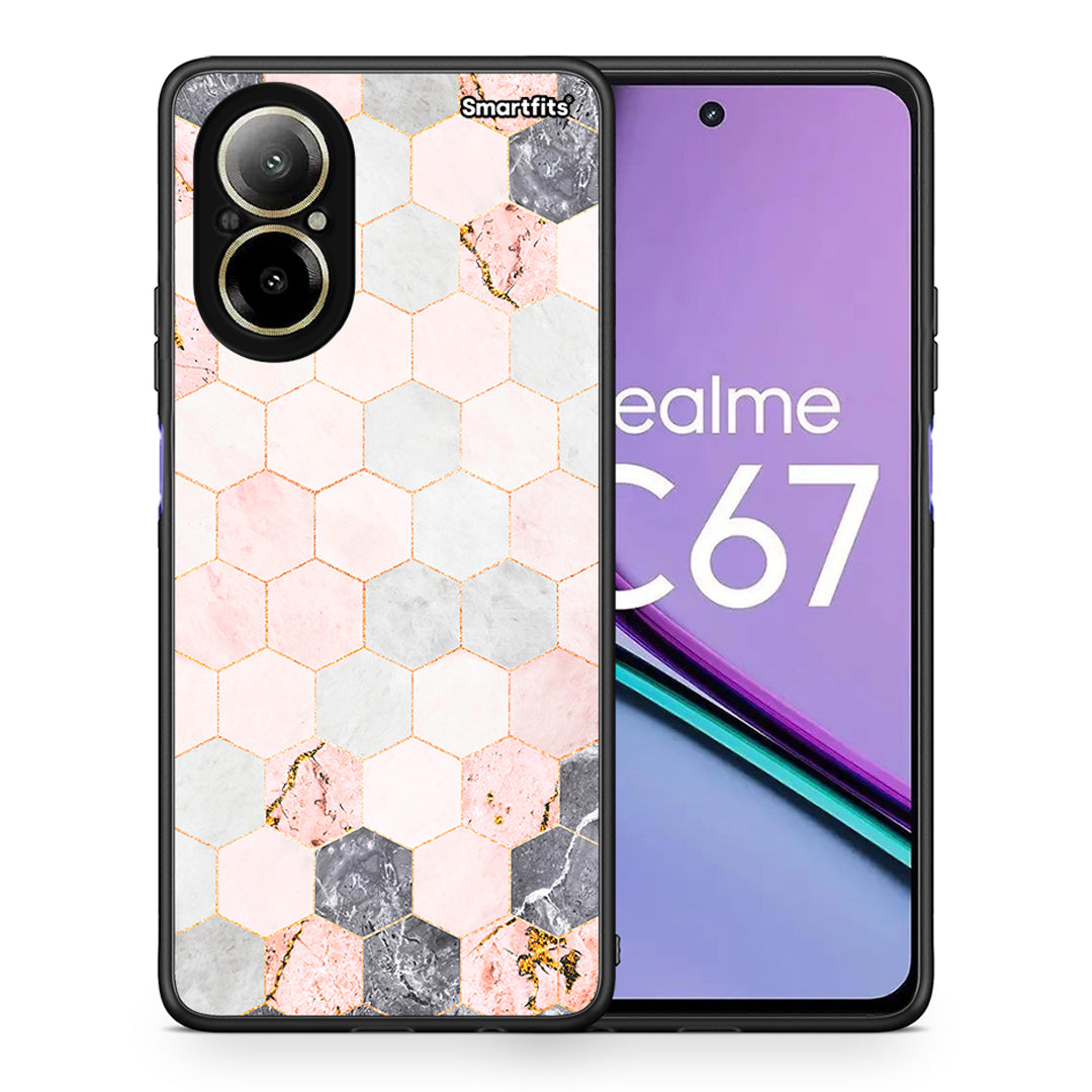 Θήκη Realme C67 4G Hexagon Pink Marble από τη Smartfits με σχέδιο στο πίσω μέρος και μαύρο περίβλημα | Realme C67 4G Hexagon Pink Marble case with colorful back and black bezels