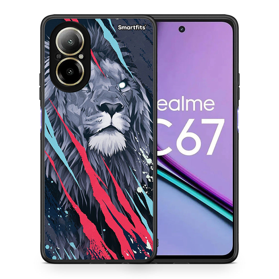 Θήκη Realme C67 4G Lion Designer PopArt από τη Smartfits με σχέδιο στο πίσω μέρος και μαύρο περίβλημα | Realme C67 4G Lion Designer PopArt case with colorful back and black bezels