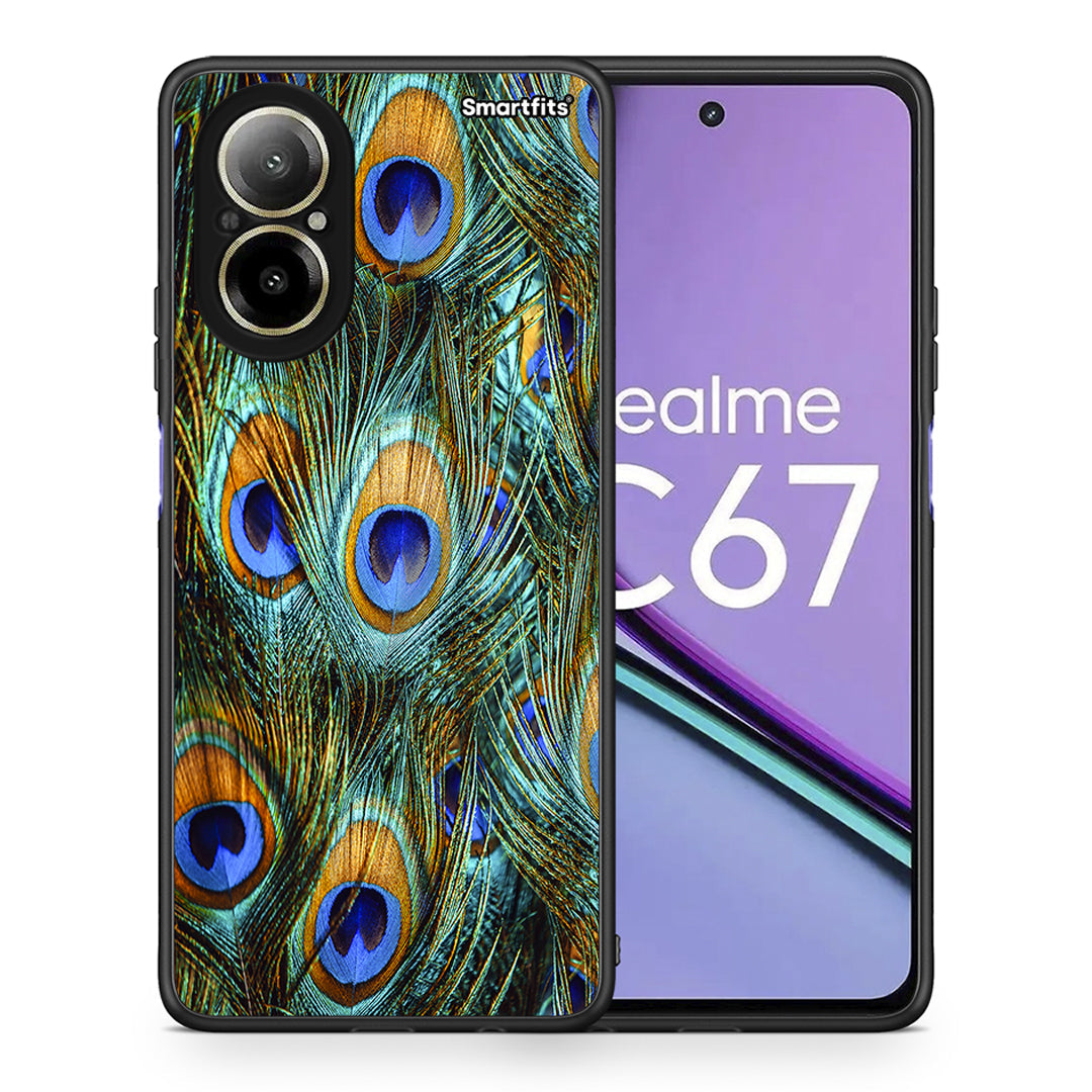 Θήκη Realme C67 4G Real Peacock Feathers από τη Smartfits με σχέδιο στο πίσω μέρος και μαύρο περίβλημα | Realme C67 4G Real Peacock Feathers case with colorful back and black bezels