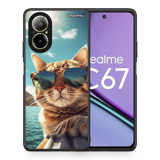 Θήκη Realme C67 4G Summer Cat από τη Smartfits με σχέδιο στο πίσω μέρος και μαύρο περίβλημα | Realme C67 4G Summer Cat case with colorful back and black bezels