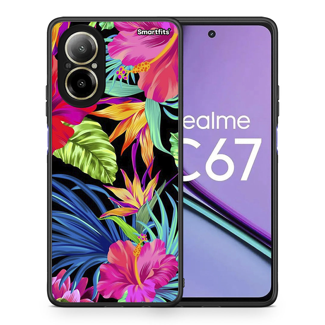 Θήκη Realme C67 4G Tropical Flowers από τη Smartfits με σχέδιο στο πίσω μέρος και μαύρο περίβλημα | Realme C67 4G Tropical Flowers case with colorful back and black bezels
