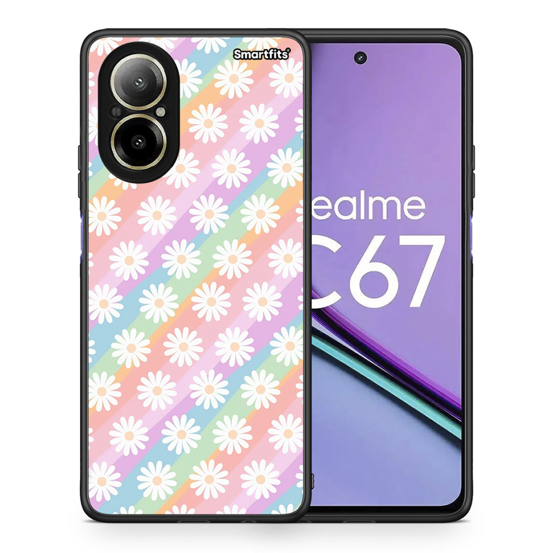 Θήκη Realme C67 4G White Daisies από τη Smartfits με σχέδιο στο πίσω μέρος και μαύρο περίβλημα | Realme C67 4G White Daisies case with colorful back and black bezels