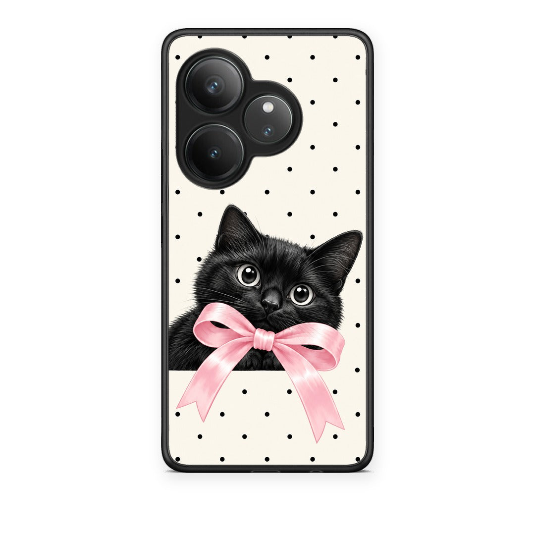 Θήκη Realme GT 6 5G Black Kitten Pink Bow and Polka Dots από τη Smartfits με σχέδιο στο πίσω μέρος και μαύρο περίβλημα | Realme GT 6 5G Black Kitten Pink Bow and Polka Dots case with colorful back and black bezels